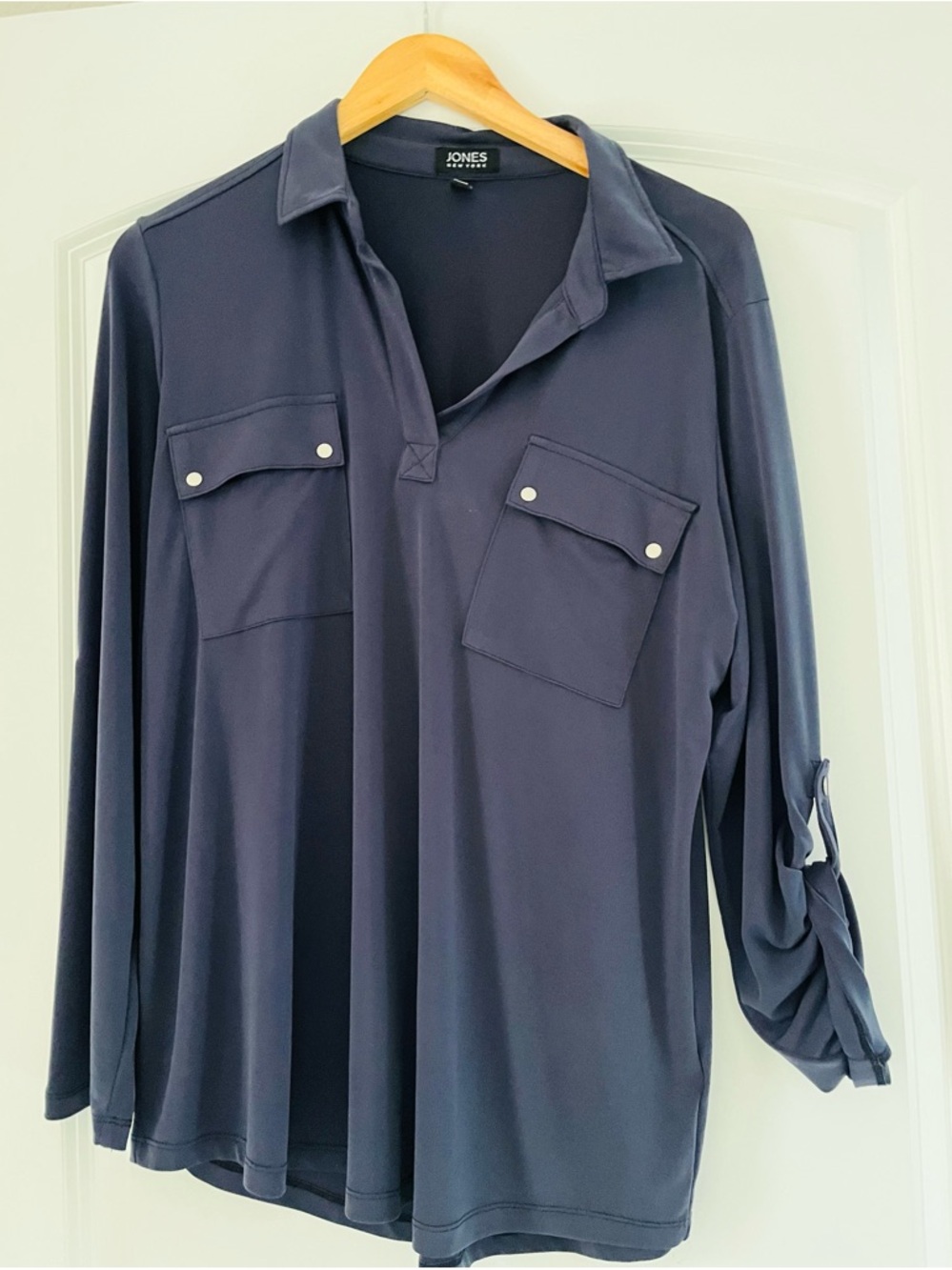 Jones New York Navy Collared Long Sleeve Top